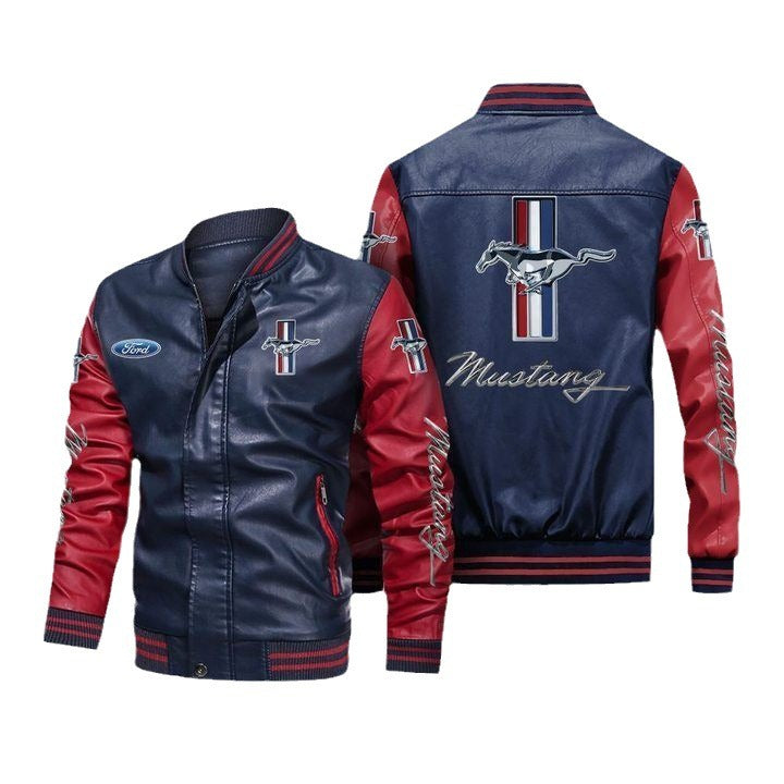 Mustang Leather Jacket Printed Plus Size Spring And Autumn Fleece-lined Men's Biker Jacket Student Baseball Suit Leather Jacket